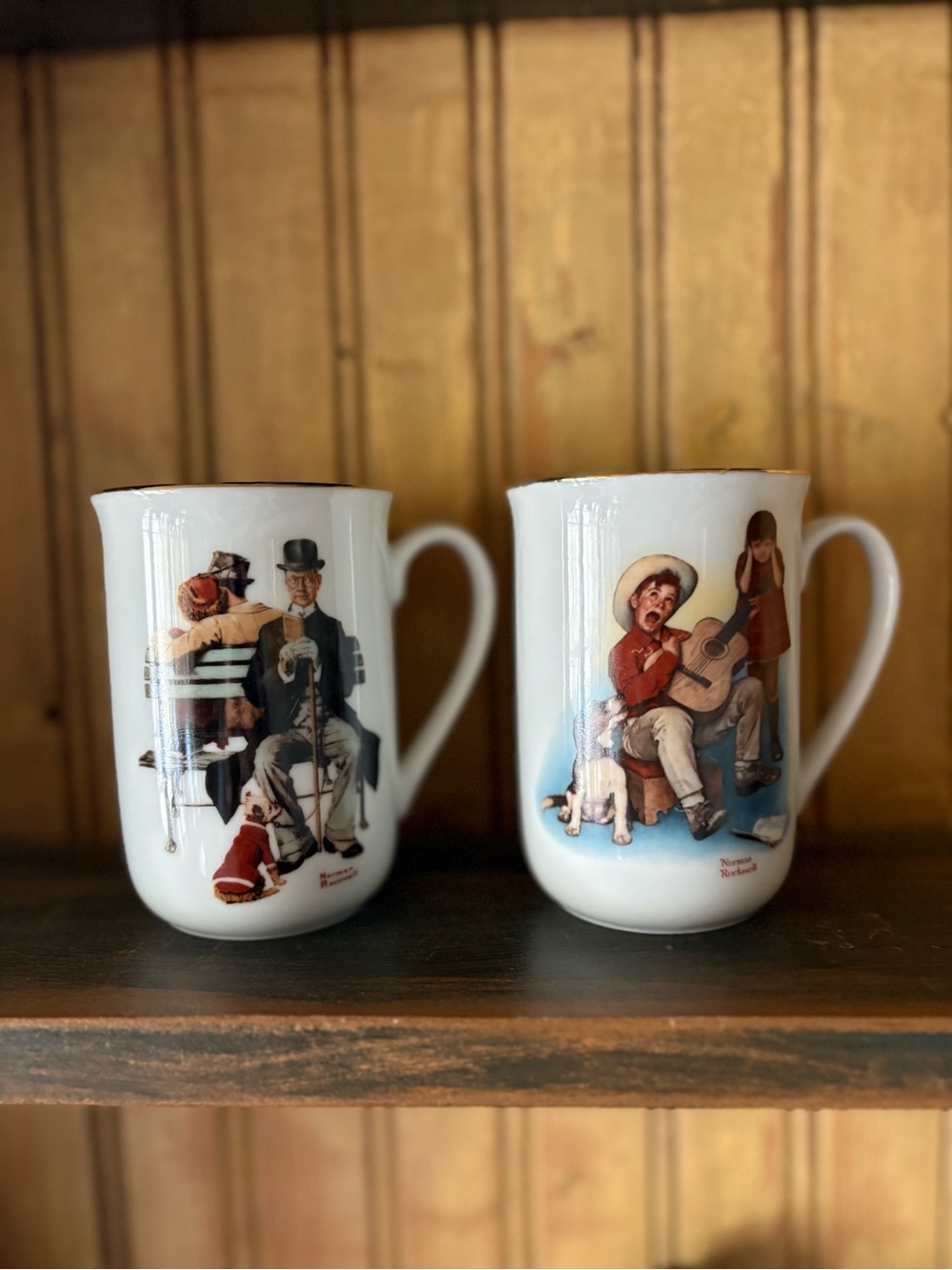 Vintage Norman Rockwell Porcelain Coffee Mugs Set of 2 (1936 & 1981) Gold Trim
